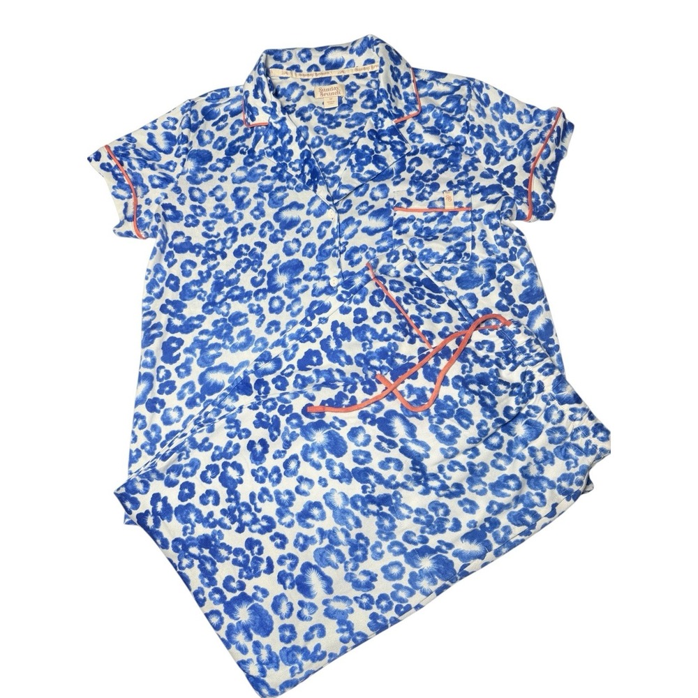 Sunday Brunch‎ Pajama Set Womens Med Blue Floral Cheetah Jersey Collar Top Pants